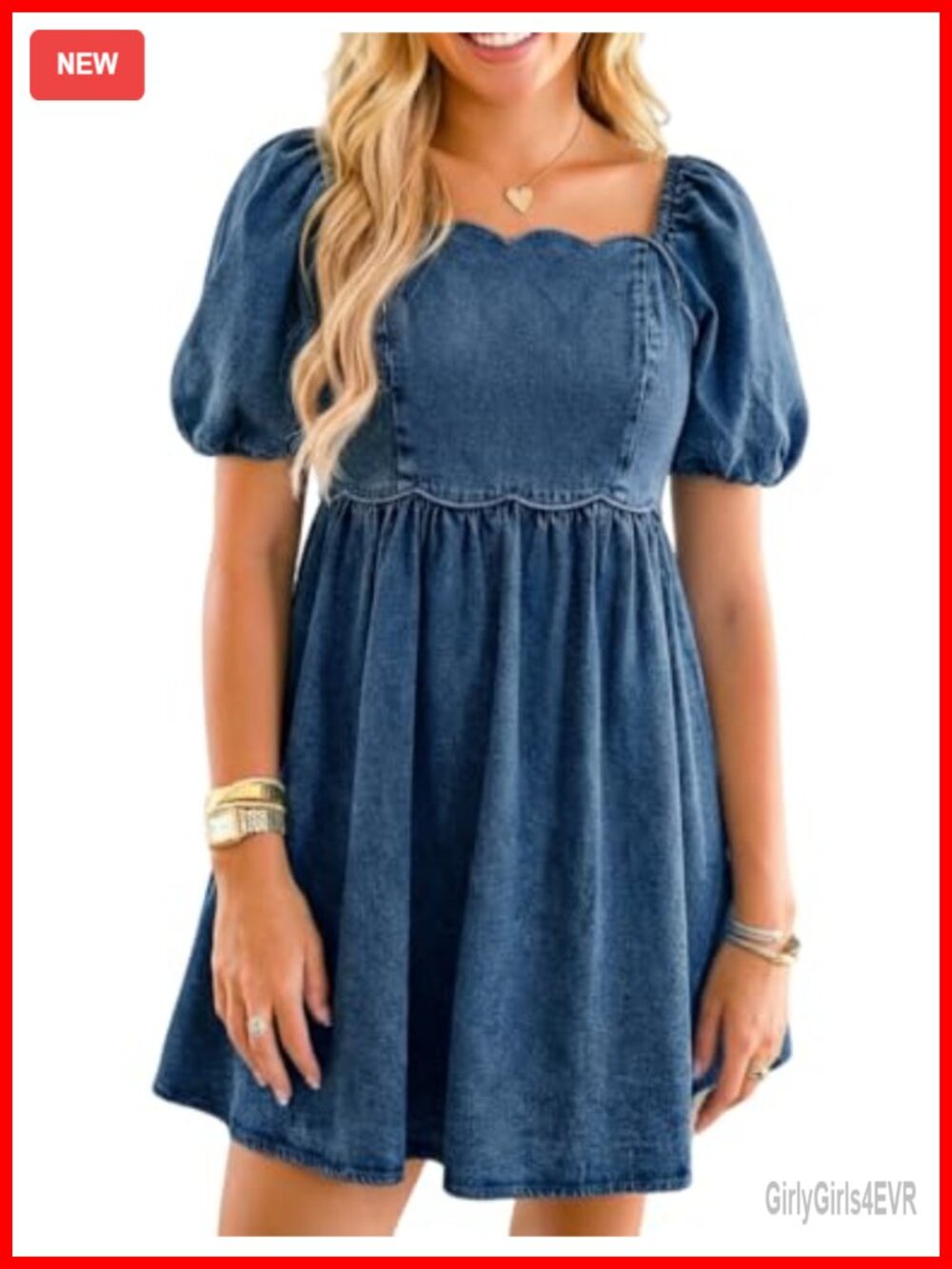 Square Neck Babydoll Denim Dress Puff Sleeve A-Line Casual Western